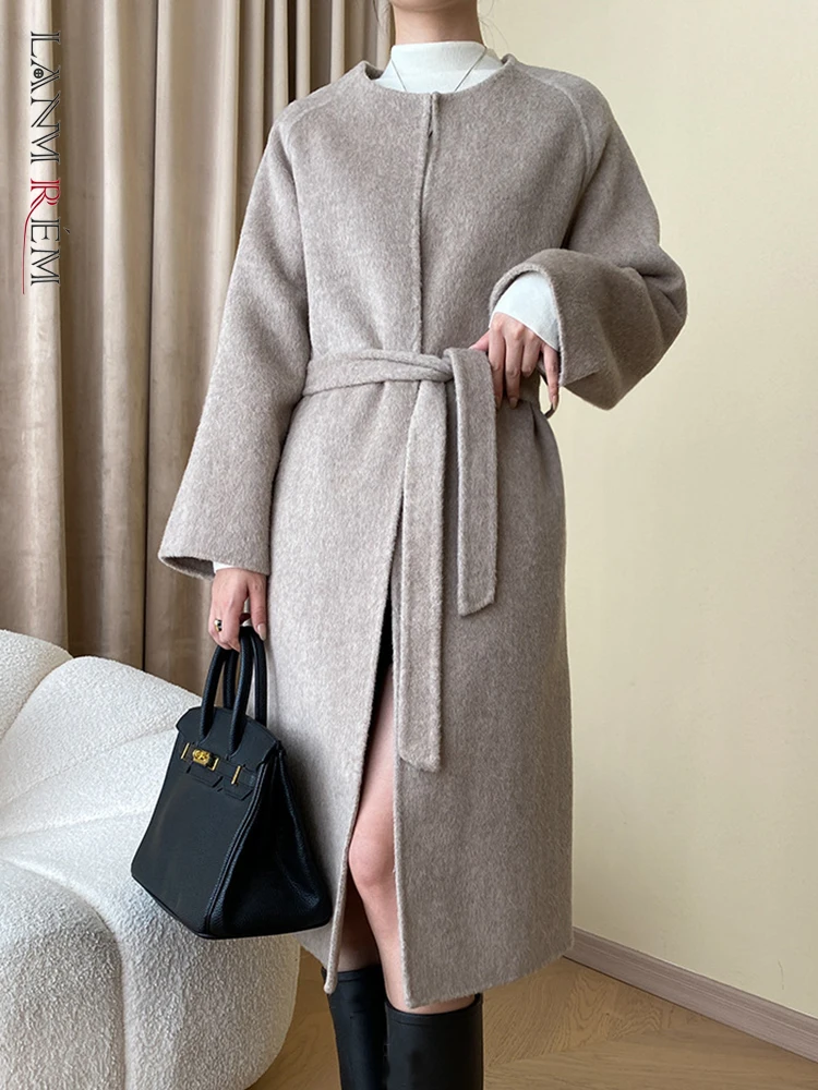 

LANMREM 2023 Winter New Woolen Long Coat For Women Fashion Round Neck Belt Gathered Waist Solid Color Female Clothing 2AA3158