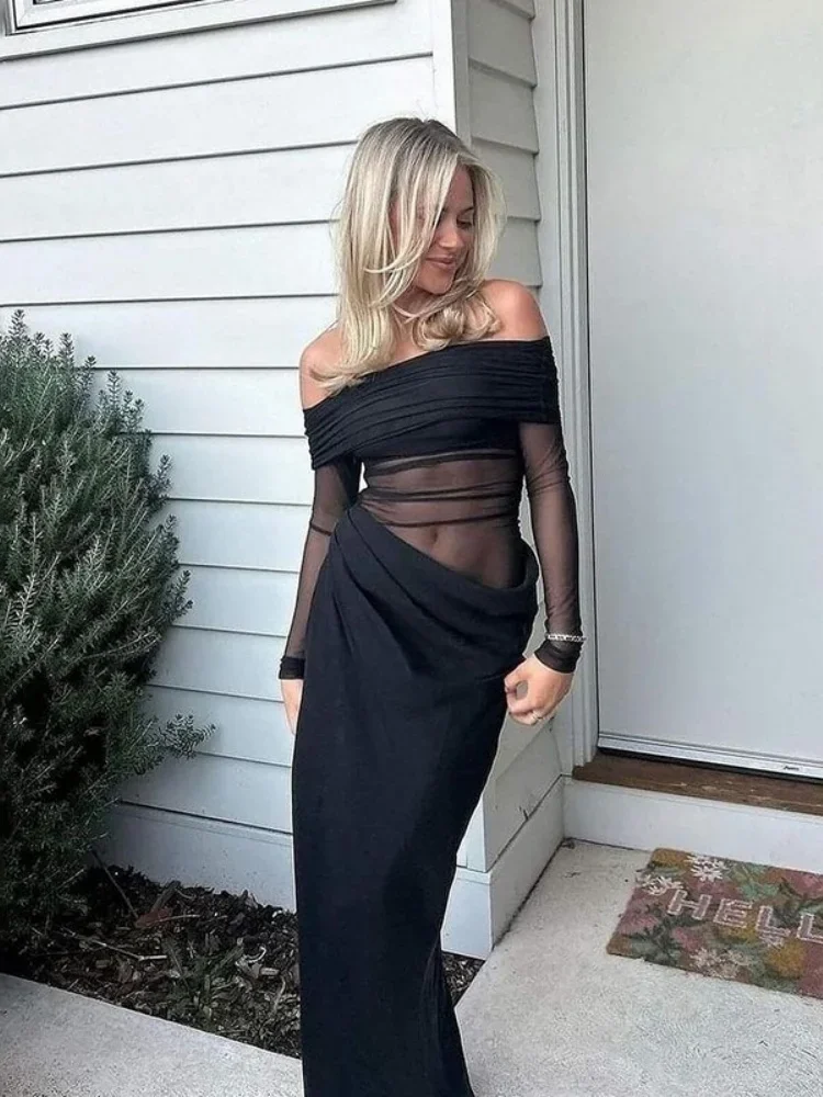 See Through Mesh Evening Dress For Women Aesthetic Clothes Hollow Out Vestido Feminino Off Shoulder One Piece Robe Femme Été