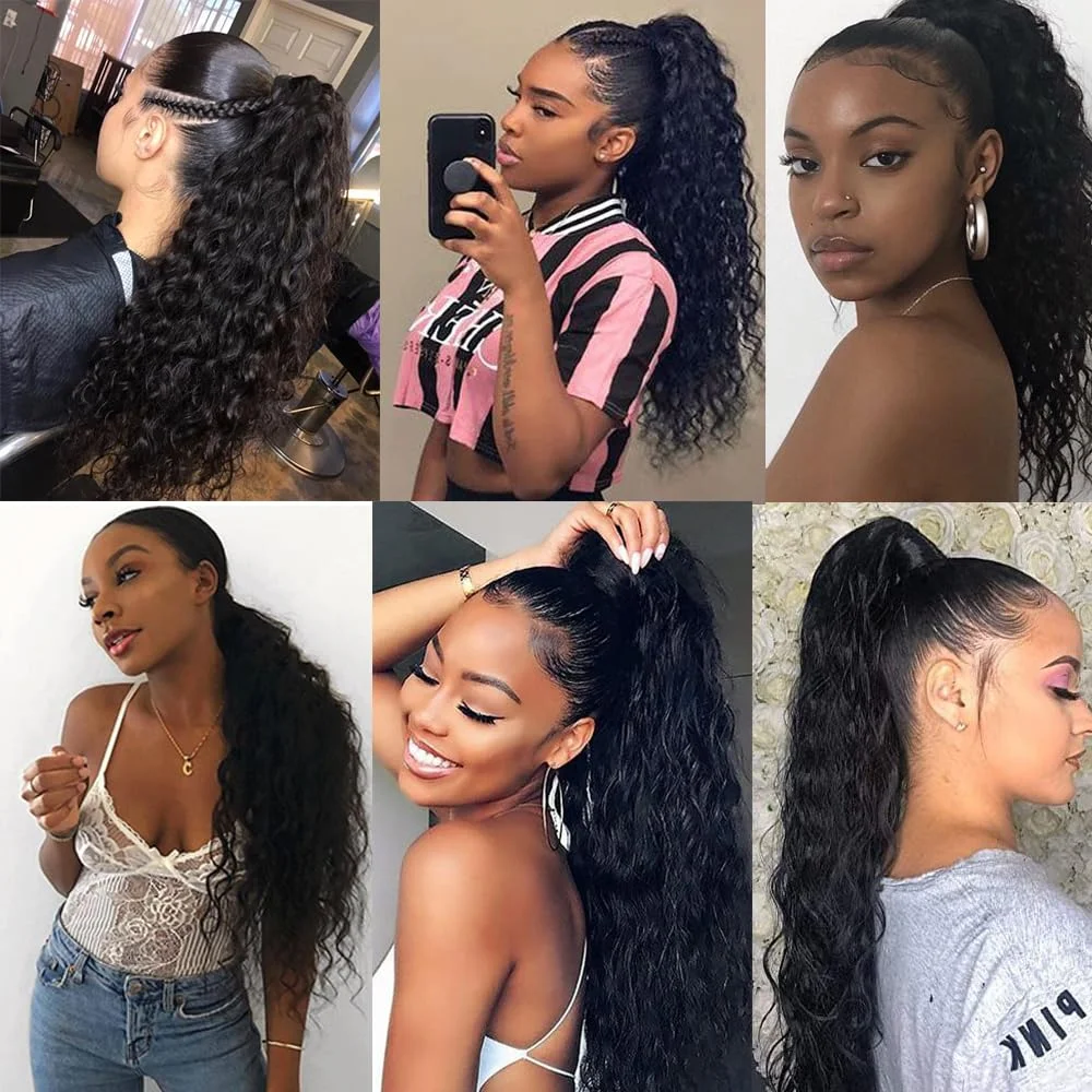 Human Hair Clip in Wave Ponytail Extensions Long Wrap Drawstring Curly Clip on Pony Tail Hairpiece 100% Brazilian Hair for Women