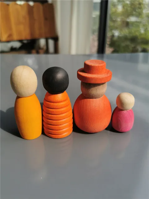 Wooden Montessori Toys Handmade Rainbow Peg Dolls Together Stacking Figurines Blocks For Children Open-ended Play 4