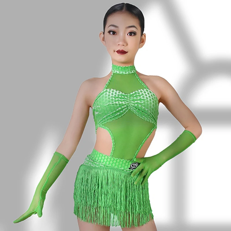 

2024 Girls Latin Dance Competition Clothing Green Fringed Dress Kids Cha Cha Rumba Samba Dance Performance Costume Suit BL12383