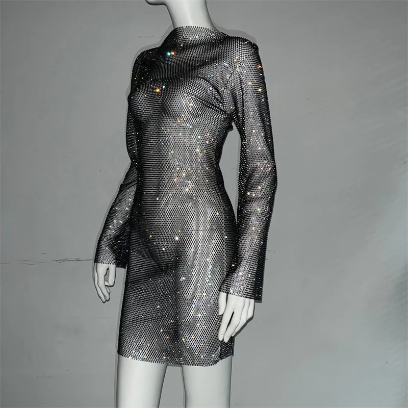 Strass hand gefertigte Mesh Kristall Kleid Trimmen Langarm Bodycon Mini aushöhlen O-Neck Party Pailletten Kleider für Frauen – Detail 10