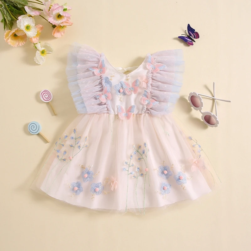 

Платье с цветочной вышивкой бабочки для маленьких девочек, летнее модное платье с V-образным вырезом, Повседневное платье принцессы