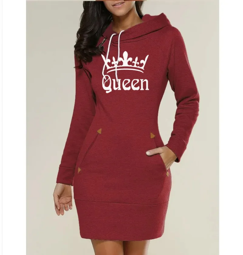 

Spring Autumn Women's Hooded Drawstring Sweatshirt Dress Fashion Print Pocket Package Hip Ladies Mini Hoodie Dresses Large Size