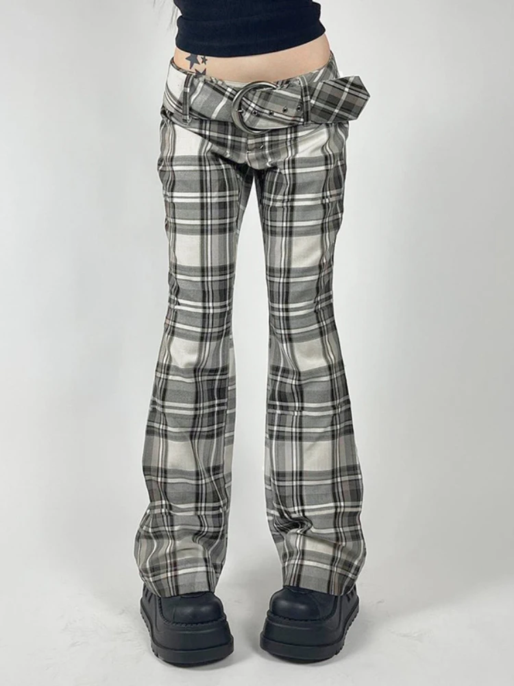 

Kaleves Y2k Plaid Straight Pants with Wide Belt High Street Loose Low Rise Casual Cargo Pants Women Vintage Harajuku Trousers