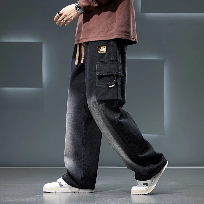 Autumn Wide Leg Washing Jean Pants Men Trousers Neutral Solid Color Loose Casual Fashion Pocket Cargo Pants Big Size 8xl men jeans mens jeans jeans trousers denim trousers cargo pants washed jeans mens casual trousers