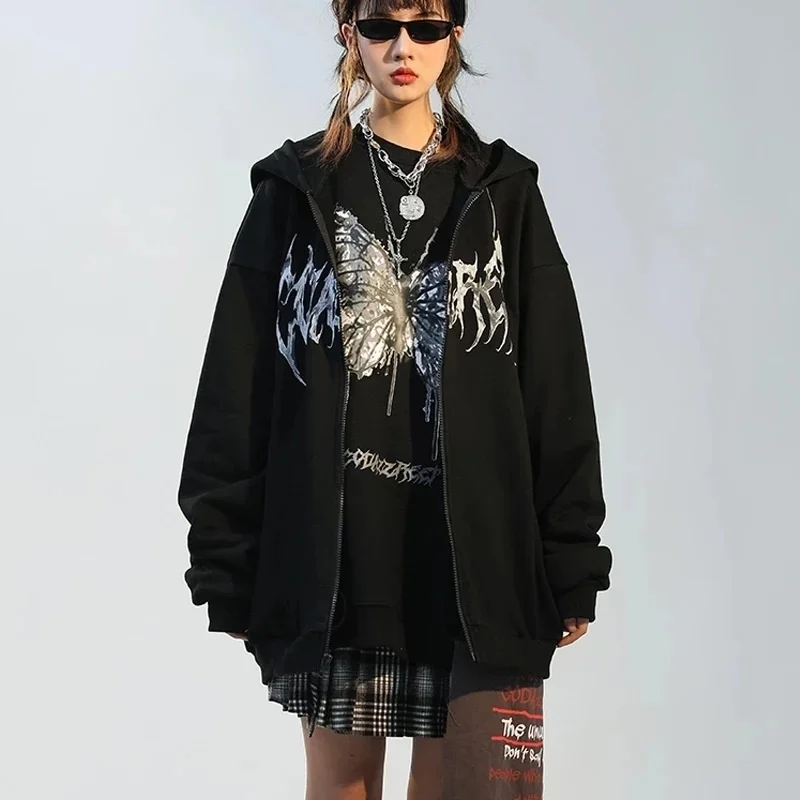 

Winter Clothes Letter Butterfly Printed Zip Up Hoodies Women Cashmere Cardigan Hooded Sweatshirt Woman Pullover