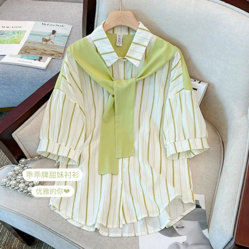 

Women's new summer fresh wear with striped short sleeve shirt big size loose look slimming fake two tops
