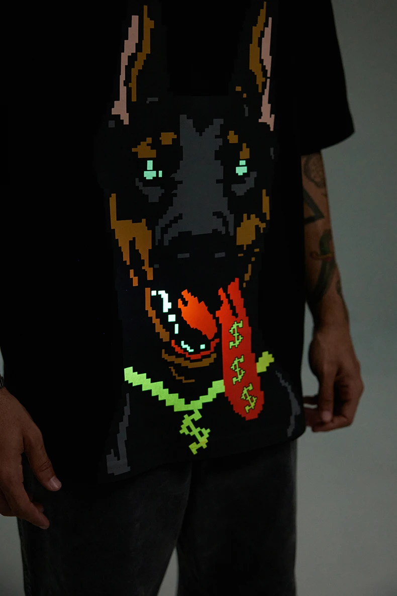 INFLATION Glow-in-the-Dark Doberman Print T-Shirt American Streetwear Loose Fit 100% Cotton Short Sleeve for Men