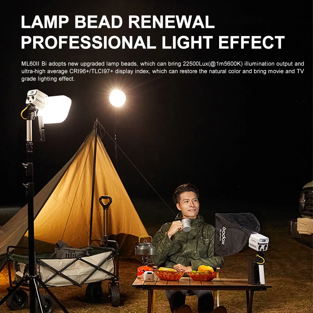 Godox ML60II BI 2800K -6500K LED 비디오 라이트, 무소음 모드, 휴대용 밝기 조정 지지대, 리튬 이온 야외 LED 업그레이드 램프
