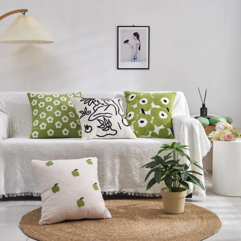

45x45cm Apple Pear Green Flower Plush Embroidery Throw Pillow Cover Couch Cushion Cover for Sofa Bedroom Living Room Home Decor