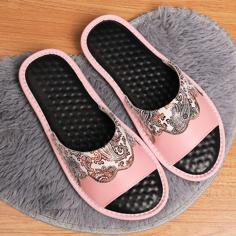 

Couple's Summer Genuine leather Indoor Slipper Latex Massage Insole Women Home Casual Shoes Anti-Slip Soft Men Slippers