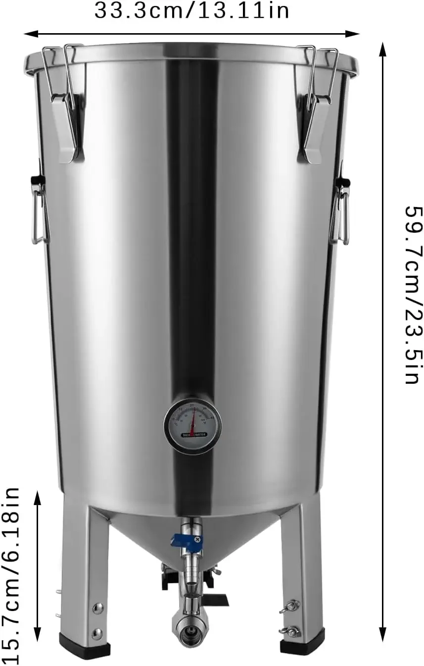32 l/7,04 Gal Edelstahl-Rundfermentor mit Kühler für Haushaltsbierfermentation, Wein, Silber, Milch, 59,7 x 33,3 cm – Detail 3