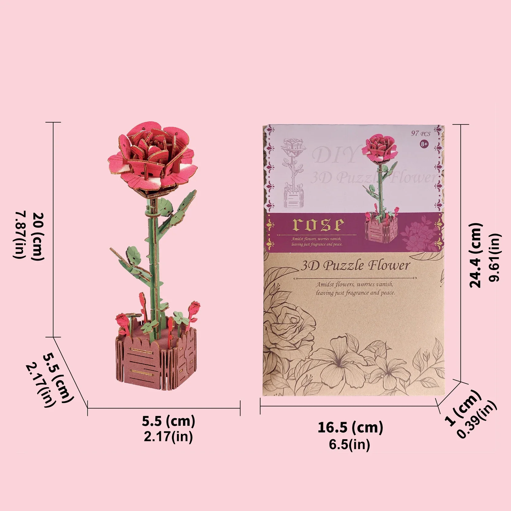 Wood Art 3D Puzzle Block Flower Crafts Assembly Bouquet Desktop Decoration Children's Puzzle Assembly Model Xmas Girlfriend Gift