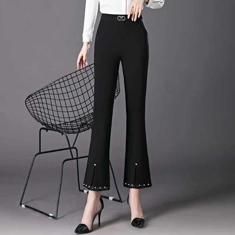 Womens Autumn and Winter Fashion High Waist Fleece Elastic Solid Lace Pockets Splicing Cultivation Versatile Micro-flared Pants