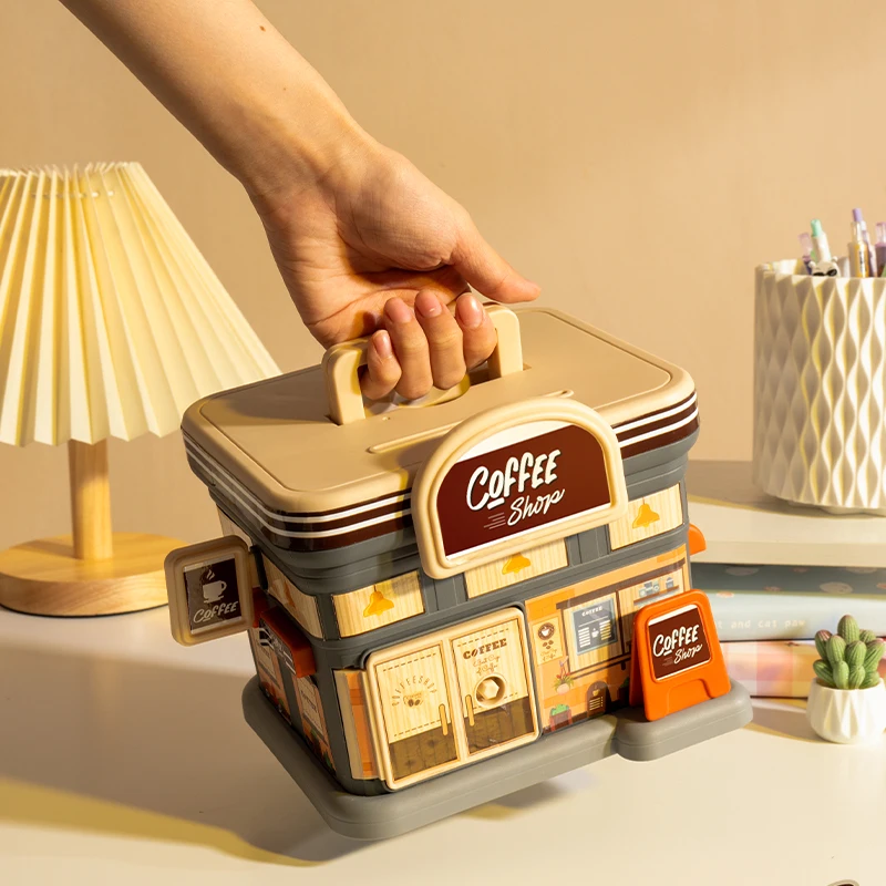 Coffee house piggy bank, convenience store, gas station optional, key to open the door, large capacity to save money, boys and g