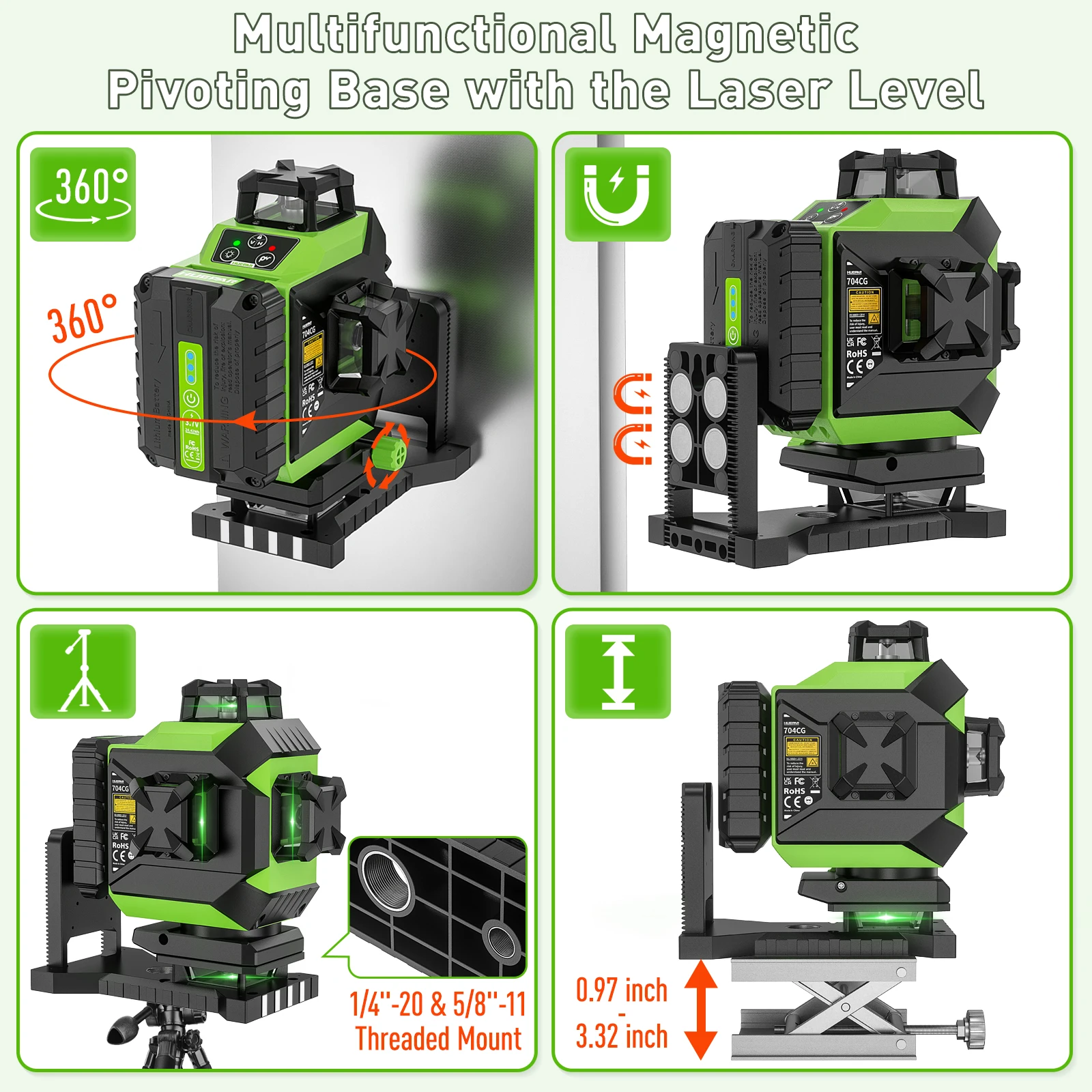 704CG Digital 4D 16-Line Laser Tool 360 Rotating Self-leveling Green Beam Laser