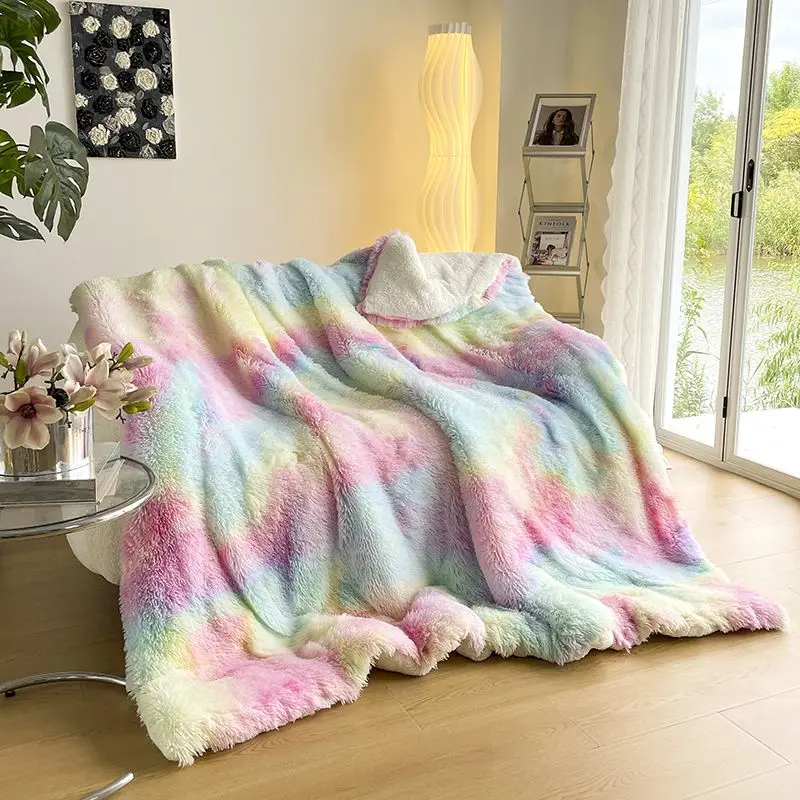 

Colorful Shaggy Mink Velvet Berber Fleece Patchwork Warm Winter Blankets Office Nap Shawl Sofa Cover Retro Fluffy Duvet Cover