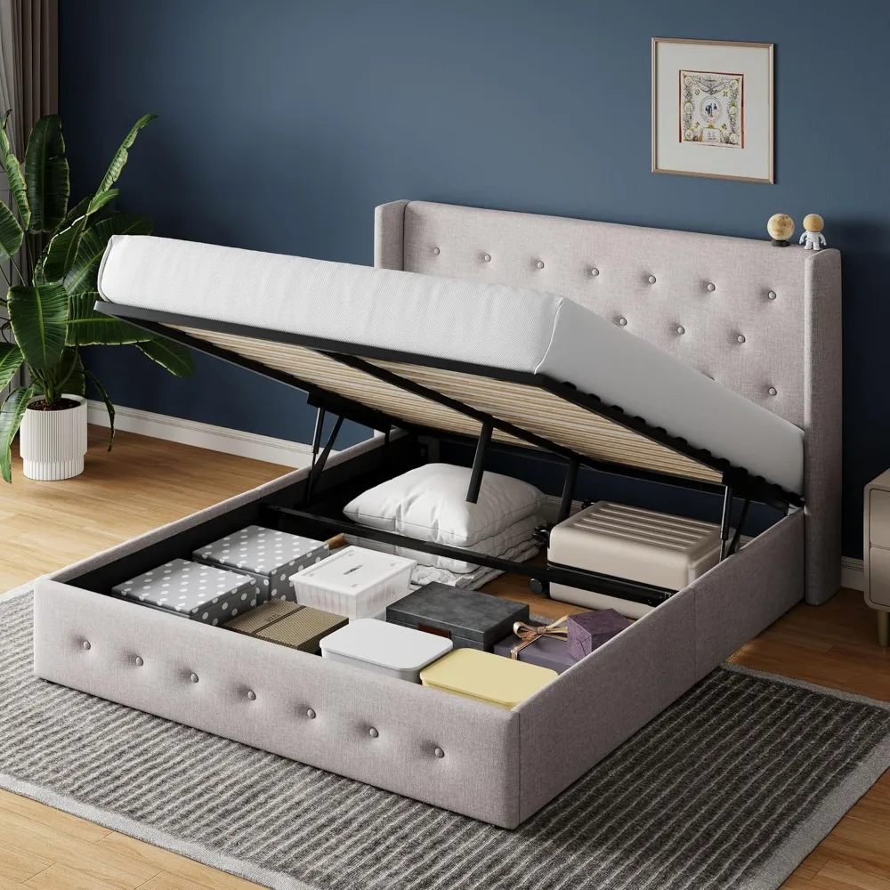 Queen Size Storage Bed with Wingback Headboard Heavy-Duty Upholstered Platform Strong Wooden Slats Support Noise-Free Beige