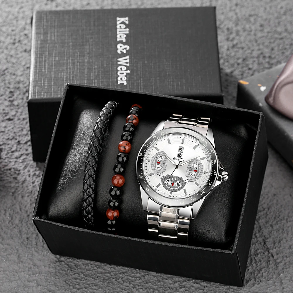 Luxury Watch Men Set Gift Full Steel Quartz Watch with Calendar Dial Men's Bracelet Original Gifts Set Box cadeau pour homme