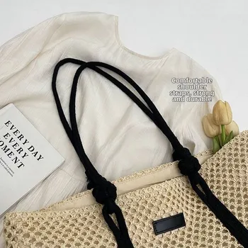 Borse in Paglia Intrecciate Fatte a Mano, Grande Capacità, Chiusura con Cerniera, Borse da Spiaggia con Manico Superiore, Monocolore, Borse a Spalla da Donna
