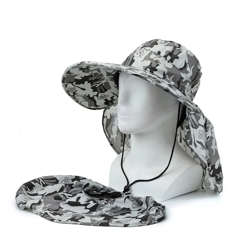 Removable Camouflage Sun Hat Men Tactical Cap Sun Protection Caps Camouflage Outdoor Sports Bucket Cap Hiking Hunting Hats