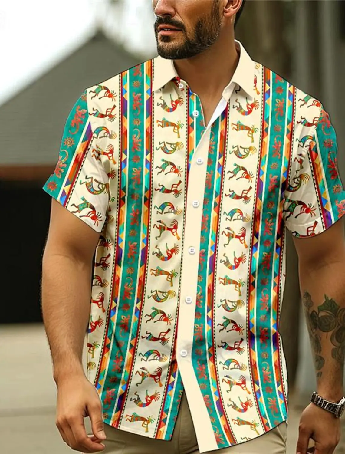 

Kokopelli Tribal Ethnic Vintage Men's Resort Hawaiian 3D Printed Shirt Button Up Short Sleeve Summer Beach Shirt Vacation Wear