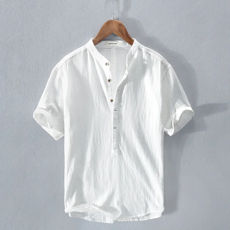 Summer Men's Cotton Linen Wrinkled Short Sleeve Pullover Shirt Casual Solid Color Male Breathable Classical Half Cardigan Tops