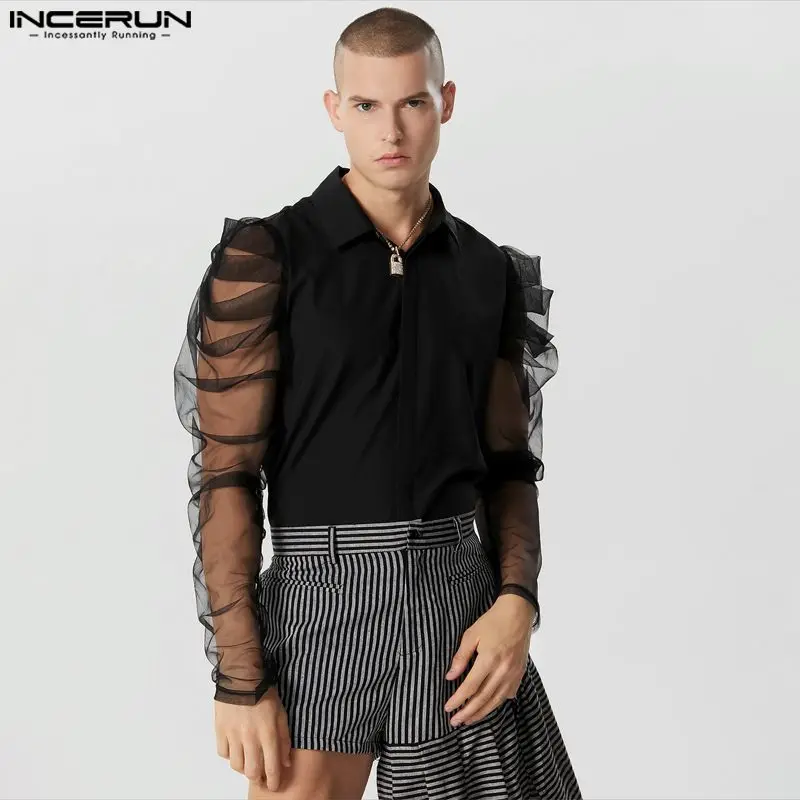 

INCERUN 2023 Men Shirt Mesh Patchwork Lapel Long Sleeve Men Clothing See Through Streetwear Party Fashion Casual Camisas S-5XL