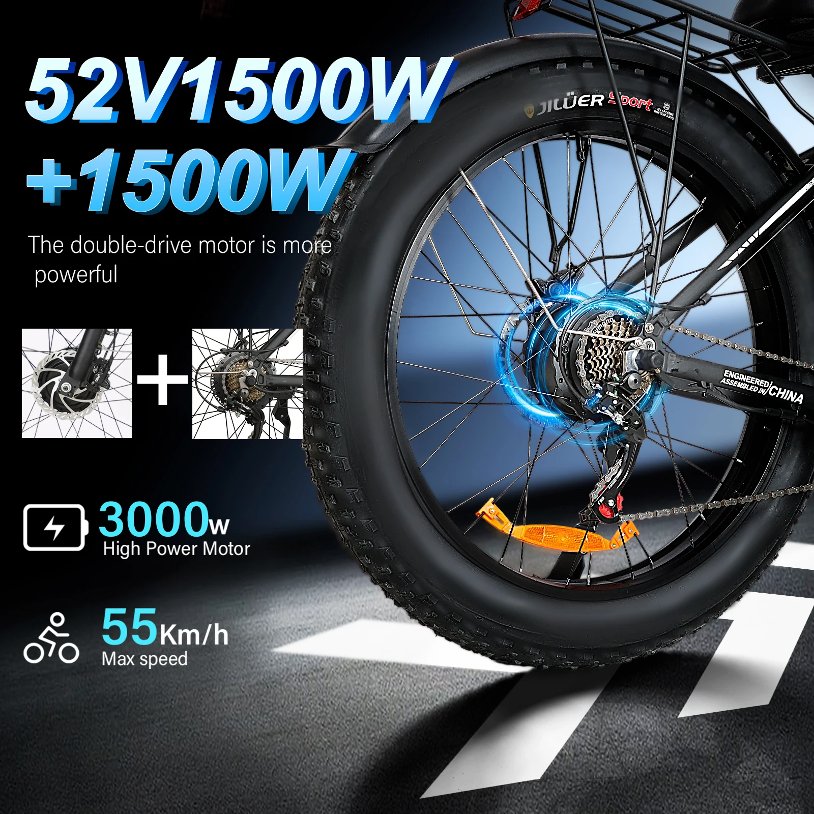3000W Dual Drive High Speed Electric Bike 52V32AH Battery Range 80KM 55KM/H 26x4.0 Fat Tire Front and Rear Hydraulic Disc Brake