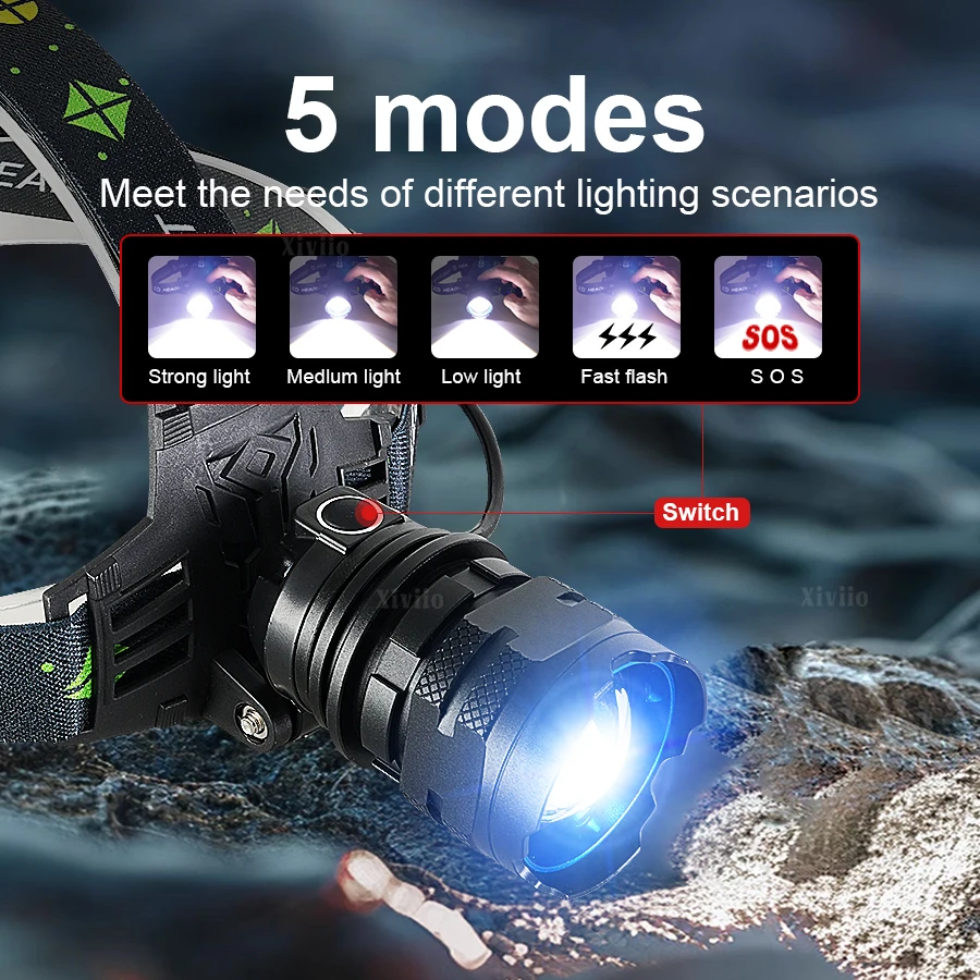 78000000LM 초강력 LED 헤드램프 초고휘도 장거리 헤드라이트 충전식 헤드 토치 낚시 캠핑 줌 랜턴