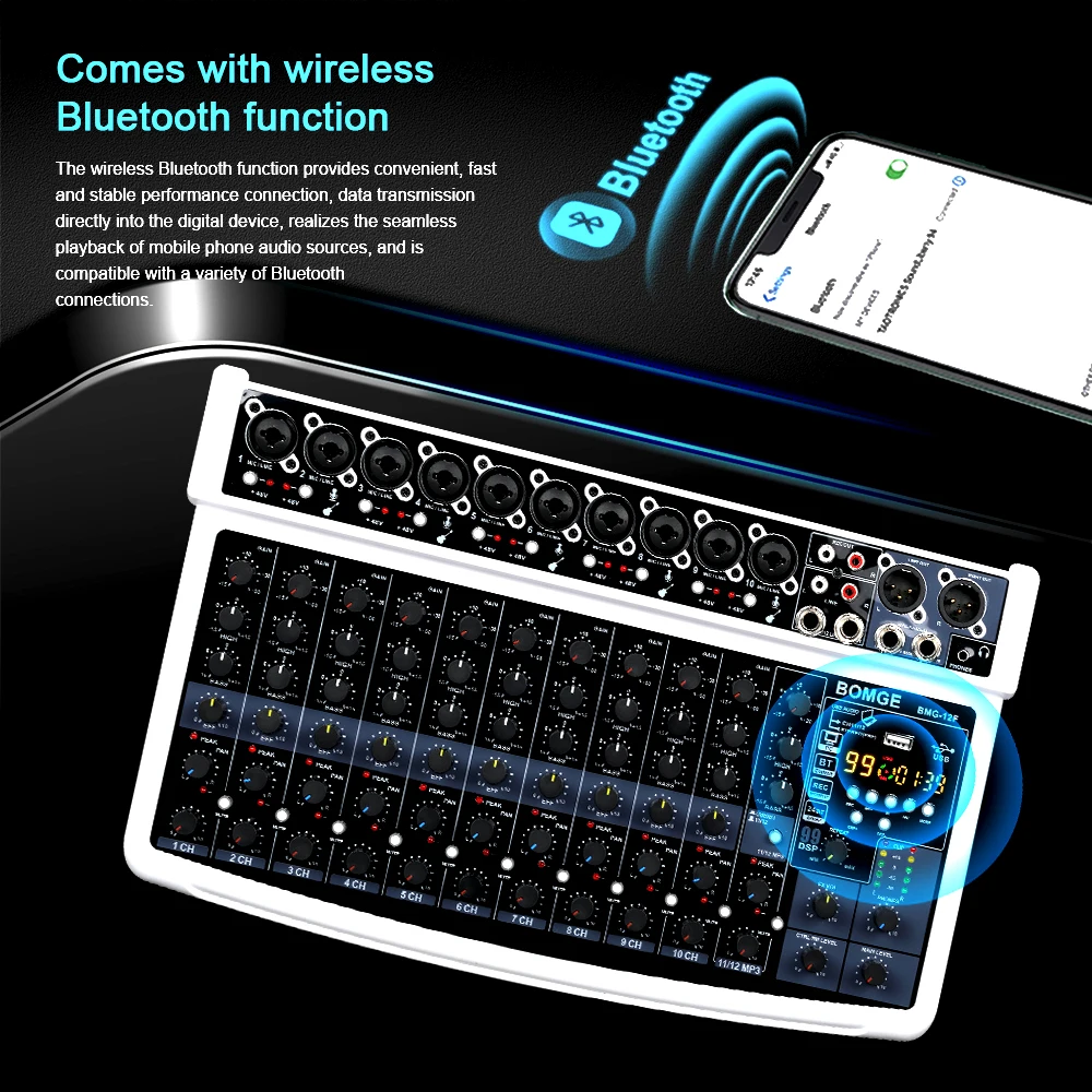 Professional Portable 99DSP 12 Channel Recording Audio Mixer interface USB 48V BT Sound Console Card for PC MP3 DJ karaoke Audio Mixer Audio Interface