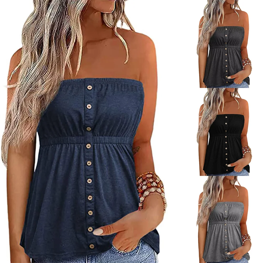 Douhoow Women Tube Top Summer Button Strapless Bandeau Tank Crop Tops Solid Elastic Design Backless Breathable Pleated Tops