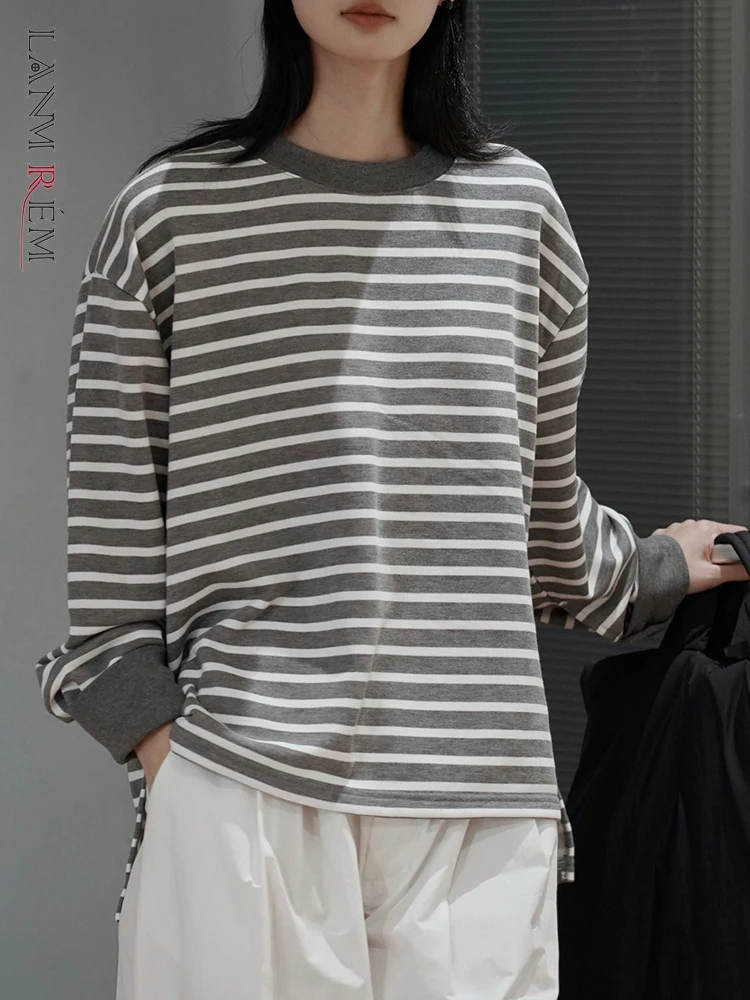 

[LANMREM] Striped Loose Pullover Sweatshirt For Women Round Neck Long Sleeve Korean Female Tops 2024 Spring New Clothing 26D5083
