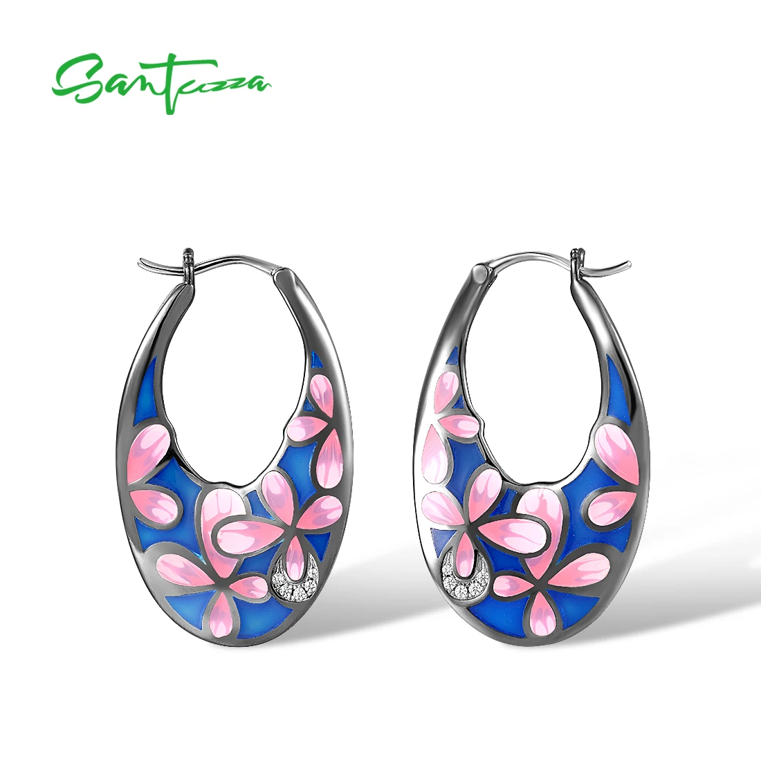 

SANTUZZA Real 925 Sterling Silver For Women Black Plated Pink Flower Hoop Earrings Enamel Brincos Exquisite Party Fine Jewelry