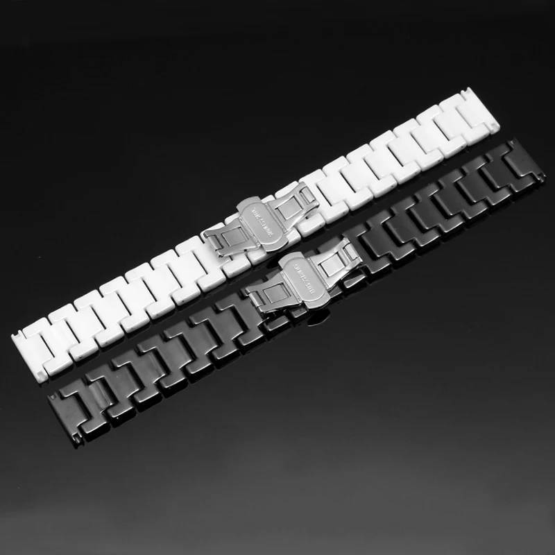 Elegant Stainless Steel & Ceramic Butterfly Clasp Watchband with Curved Interface