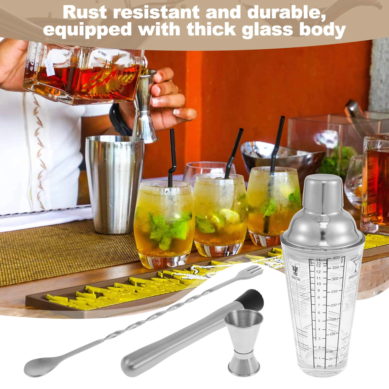 4Pcs 400ml Glass Cocktail Shaker Kit with Clear Scale Leakproof Cocktail Mixer Set Rustproof Bartender Kit with Measuring Cup