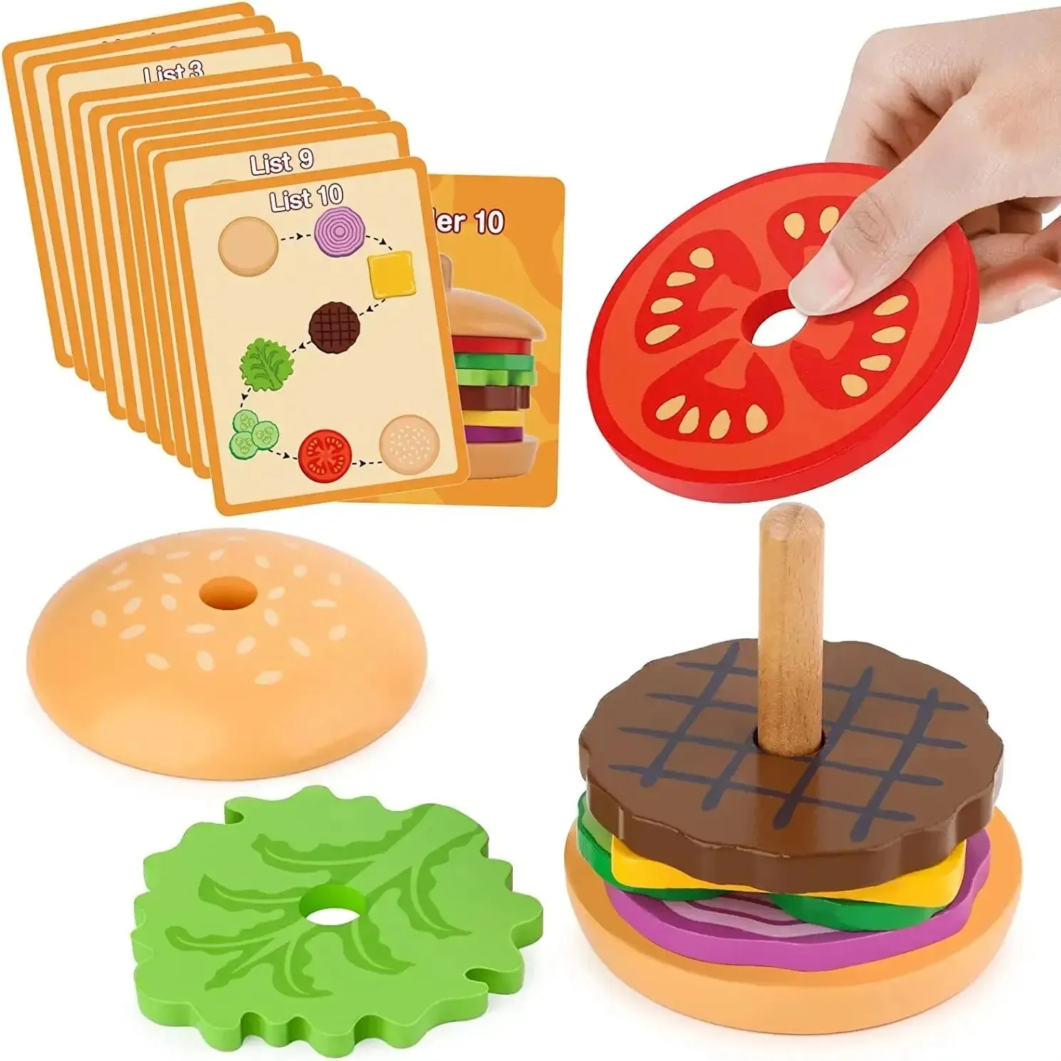 Wooden Stacking Toys Hamburger Shape Cognition Matching Kitchen Toys For Children
