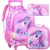 3PCS Rolling Backpack for Girls Kids  Wheeled School BookBag With Lunch And Pen Bag  Pink Butterfly Glow-in-the-dark Function 1