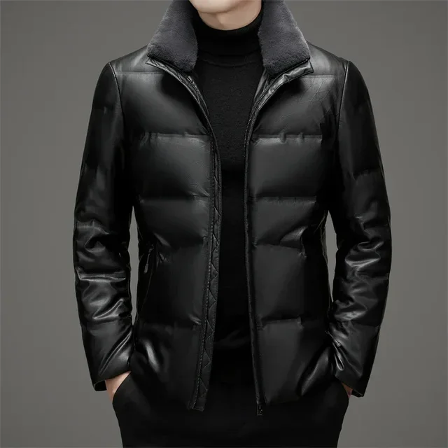 thumbnail image 1 of Chaqueta de invierno de cuero con cuello de piel de cordero desmontable, corta, de pato blanco, gruesa, para hombre, 1 of 5