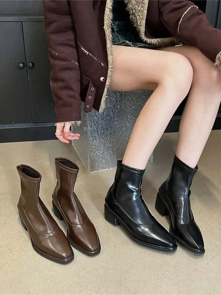 

Fashion Women Ankle Boots Black Brown Sock Stretch Booties 2024 New Arrivals Shallow Slip On Sexy Party Pumps Flat Mid Heeled