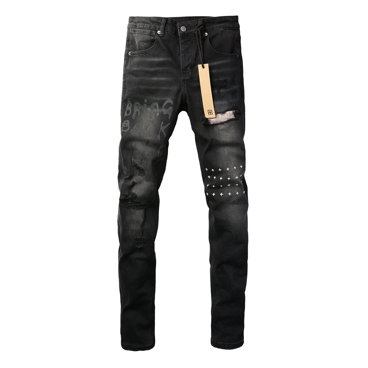 KSUBI Cross Jeans American High Street Paint Hole Trend Low Rise Skinny Denim Pants Pleated Ripped Letter Jeans ripped patchwork jeans ripped jeans