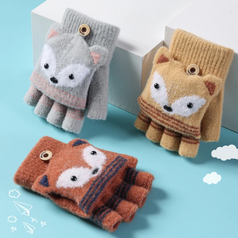 Toddler Kids Winter Knitted Convertible Gloves Christmas Cartoon Fox