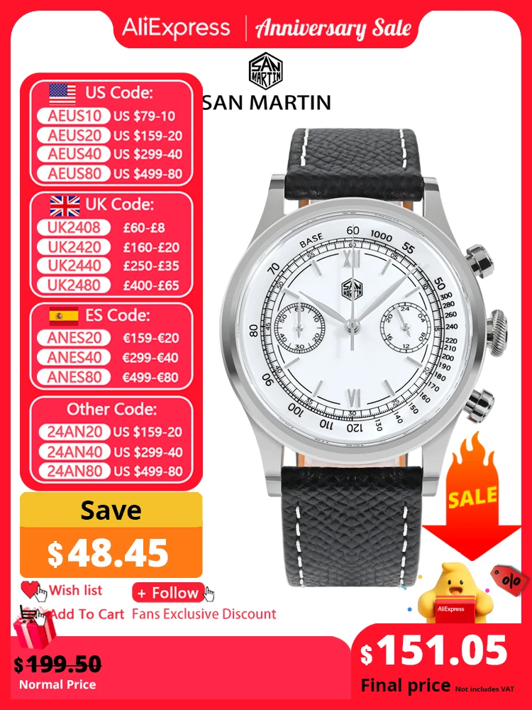 

San Martin Mens Watch 38mm Classic Quartz Chronograph Watch Top Luxury Roman Numeral Dial Mechanical Sapphire 5 Bar