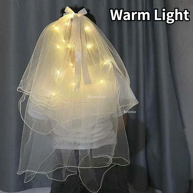 1-4Pcs LED Light Glowing Veil Ribbon Bow Glitter VeilTwo Layers