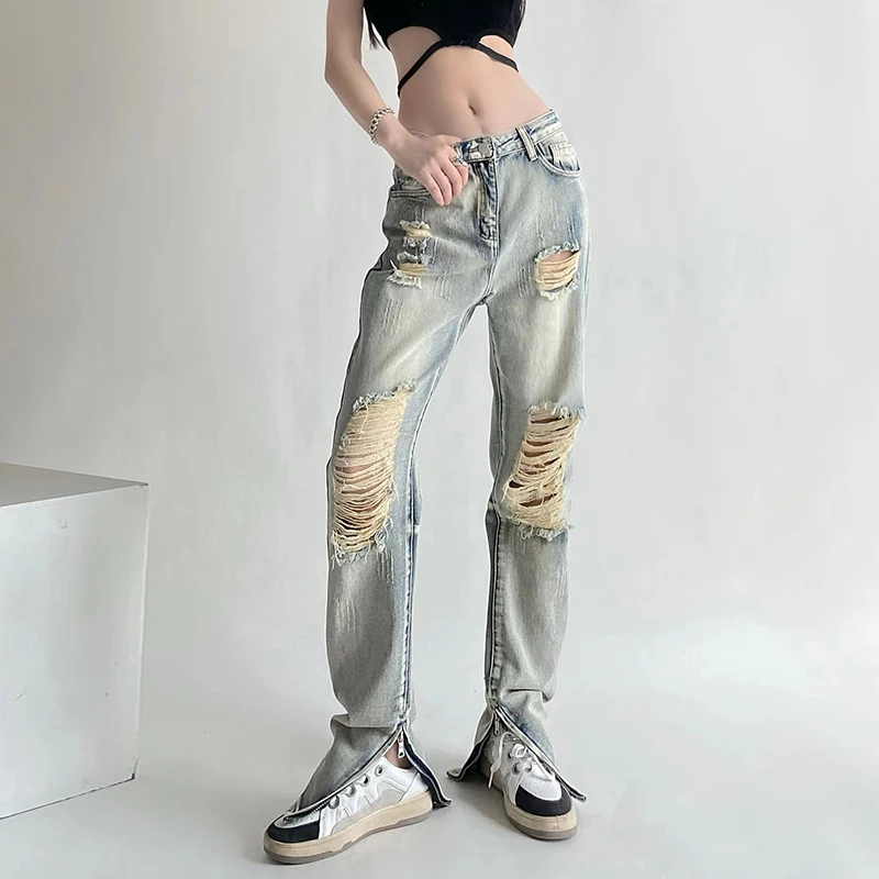 Y2k American Vintage Ripped Straight Jeans Women Hole Washed Wide Leg Denim Pants High Street Cargo Streetwear Hip Hop Fashion