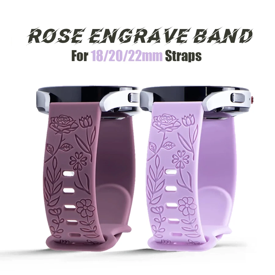 Rose Engraved Floral Watch Band - 18mm, 20mm, 22mm