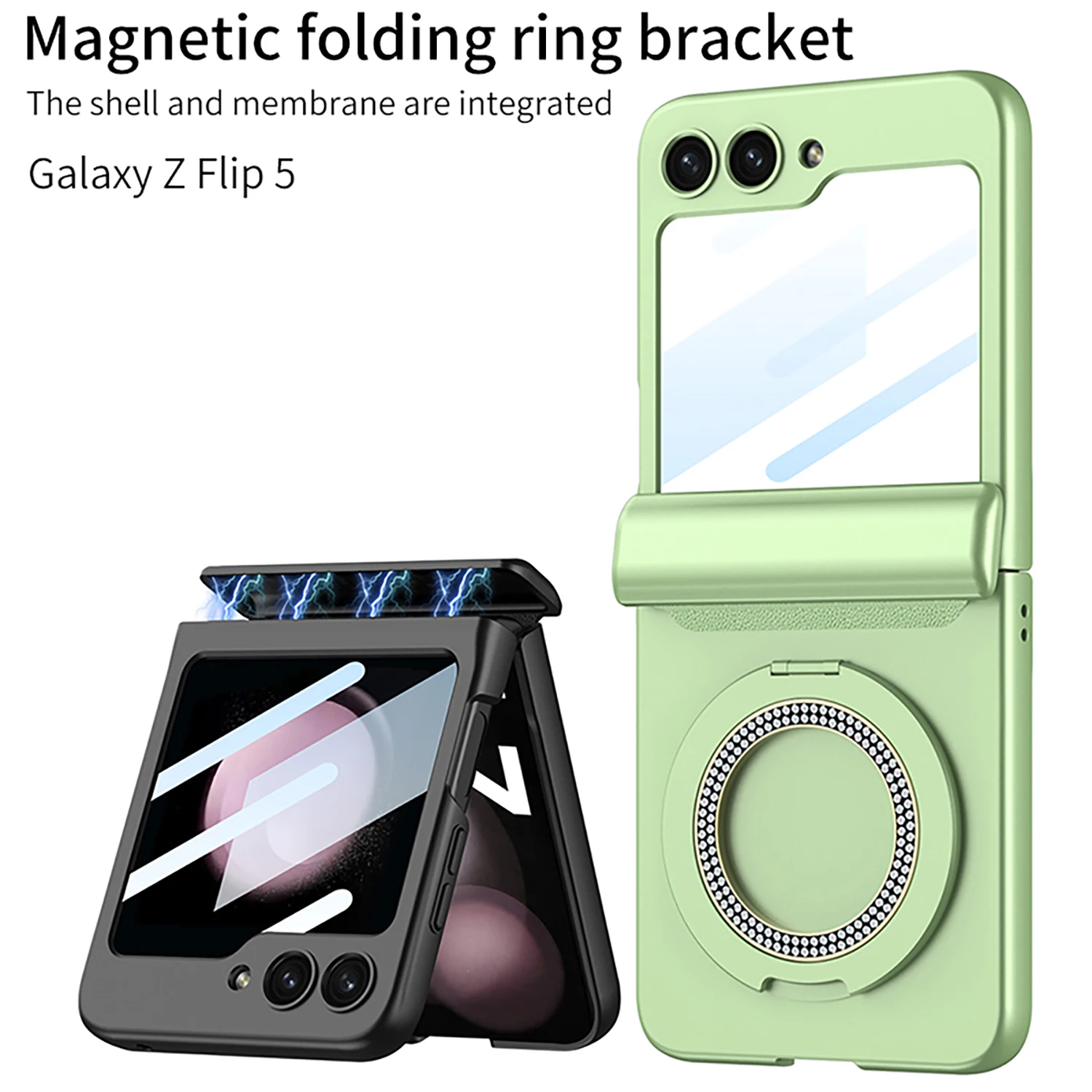 For Samsung Galaxy Z Flip 5 5G Case Matte Magnetic Hinge Folding Ring Bracket Wireless Charging Mirror Film Shockproof Hard Case