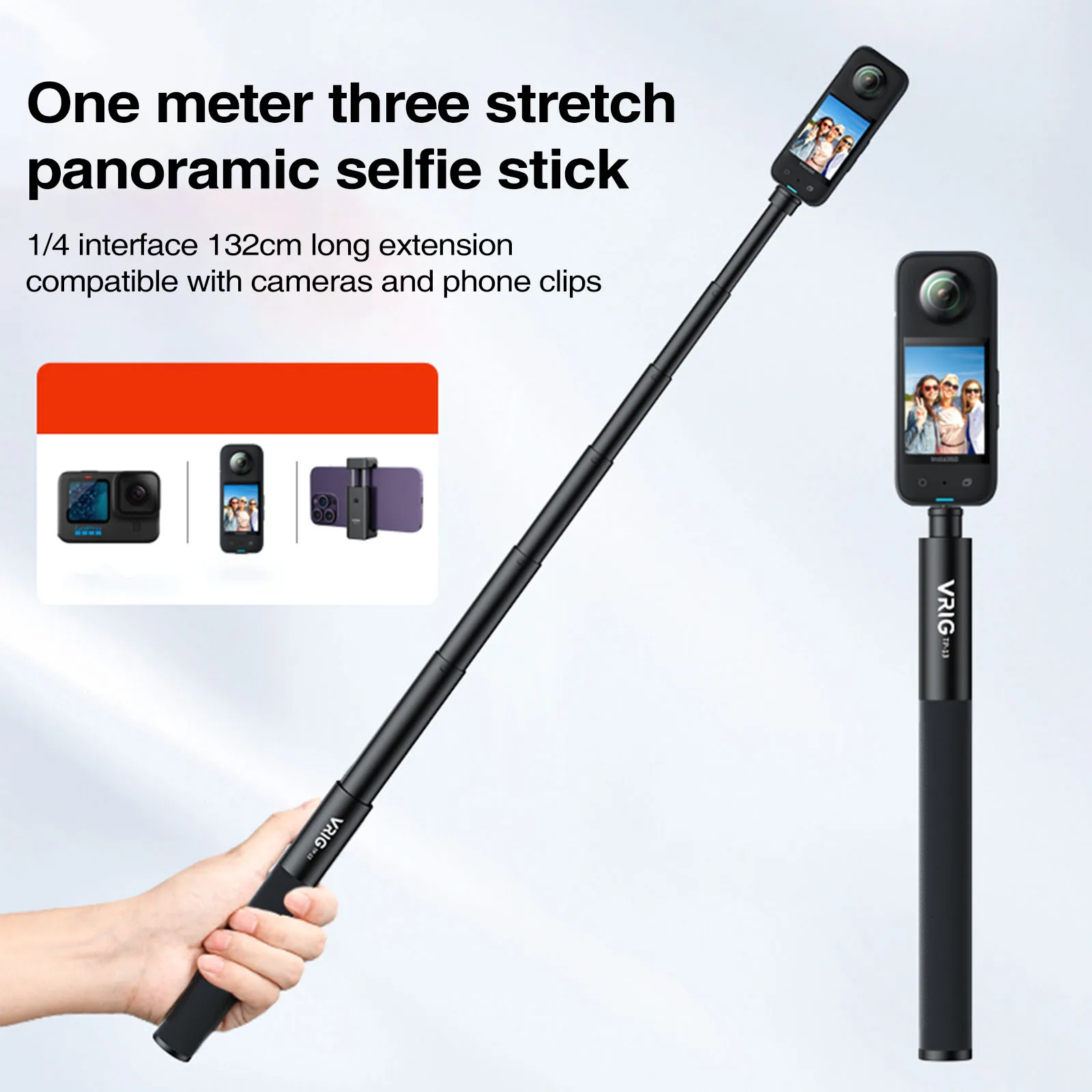 VRIG UURIG TP-13 Invisible Selfie Stick for Insta360 ONE X3, X2, X,ONE R, RS Action Camera W/ 1/4