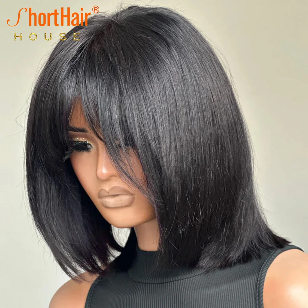 Short Face-Framing Layered Cut Straight Bob 250 Density 13x4 Lace Front Human Hair Wigs With Bangs 4x4 Closure Wig Brazilian Human Hair Wig Lace Front Wigs